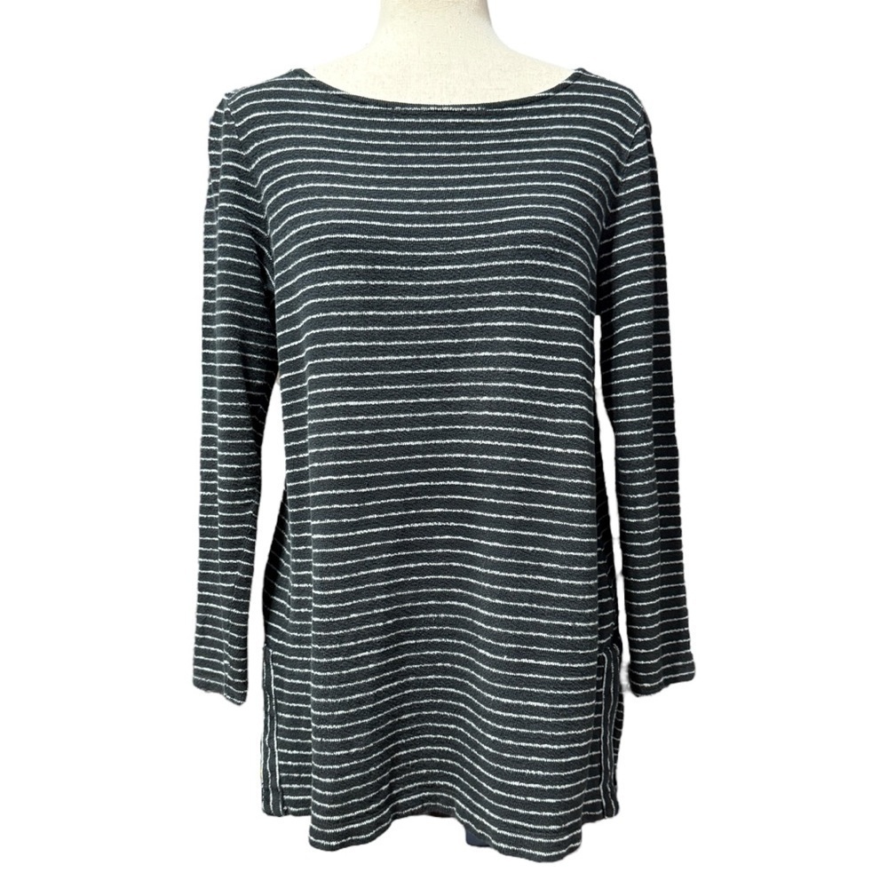 J Jill Striped Black White Tunic Top Size Medium Cotton Split Side Casual Soft
